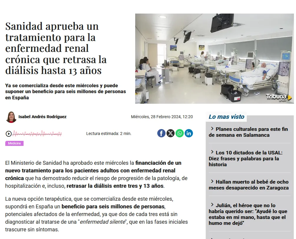 {'en': 'Health approves a treatment for chronic kidney disease that delays dialysis up to 13 year', 'es': 'Sanidad aprueba un tratamiento para la enfermedad renal crónica que retrasa la diálisis hasta 13 año'} Image